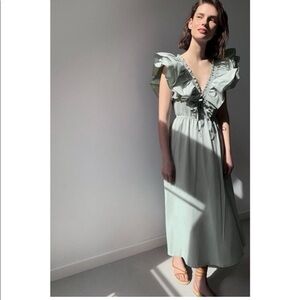 Zara sage green ruffle Sleeve Midi Dress